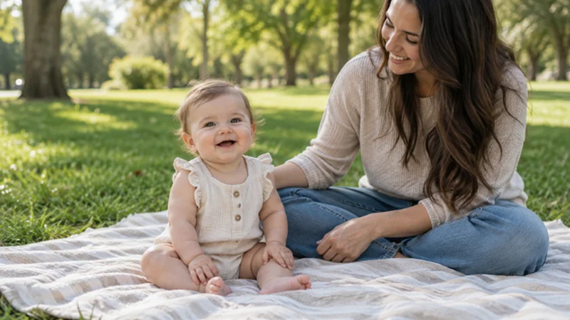 baby sitting safely on a clean picnic blanket in a park