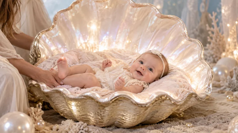 creative infant portrait featuring a safe pearly seashell composite