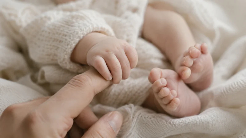 close-up photograph of a baby's tiny hands and feet