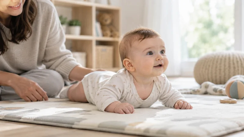 supervised baby enjoying tummy time on a clean floor mat