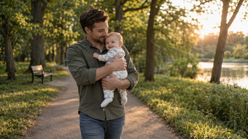 father safely holding his baby while walking along a park path