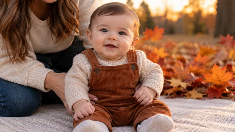 baby photographed with warm autumn leaves and seasonal colors