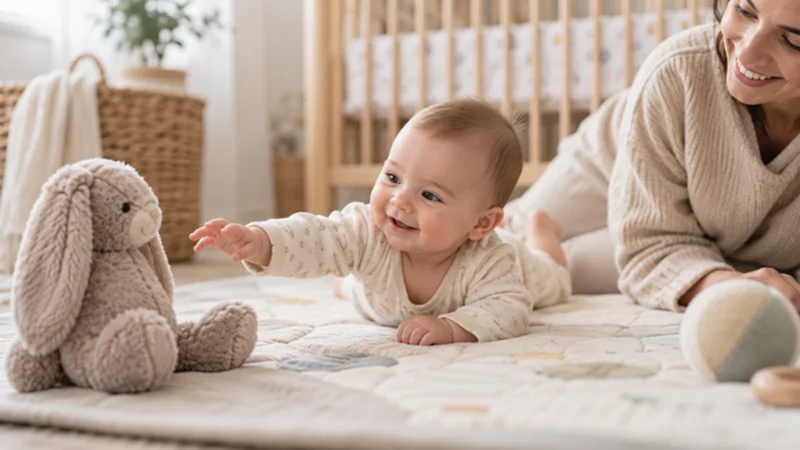 supervised baby reaching toward a favorite toy