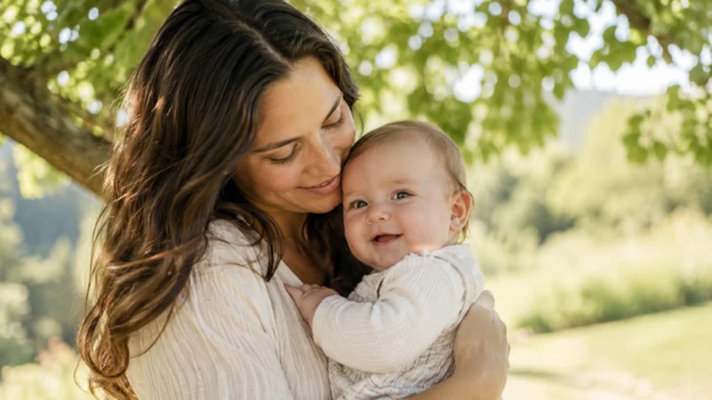 mother holding her baby beneath a leafy tree outdoors