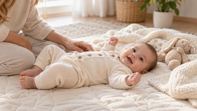 awake baby photographed safely beside soft cream bedding