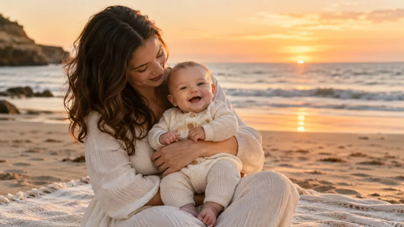 parent holding a baby safely near a calm beach at sunset