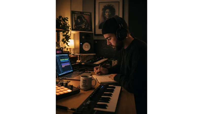 bedroom producer working in a small home studio