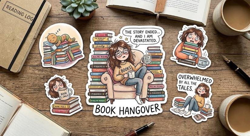 book hangover sticker with dazed reader illustration