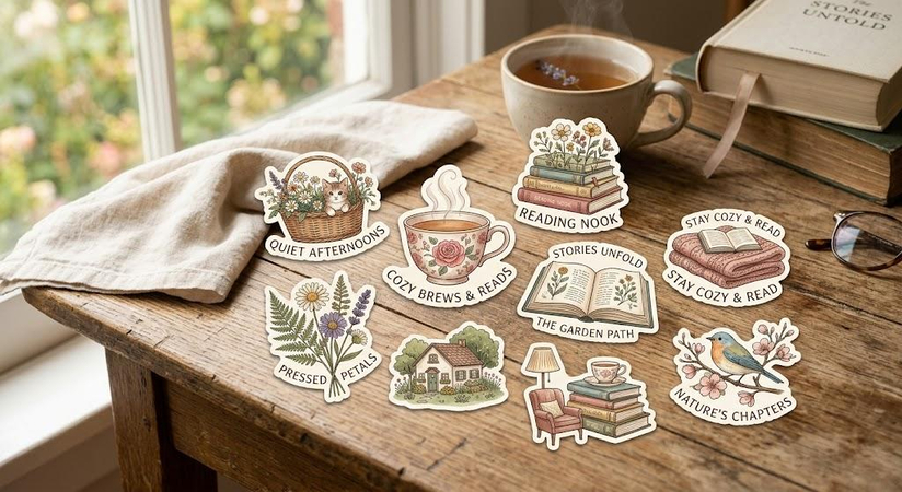 cottagecore reading sticker with tea cup and flowers