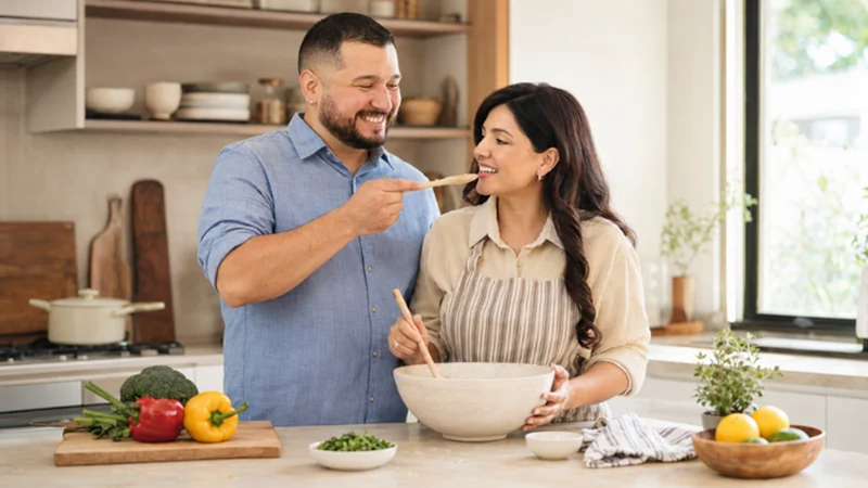 happy couple preparing food together at home