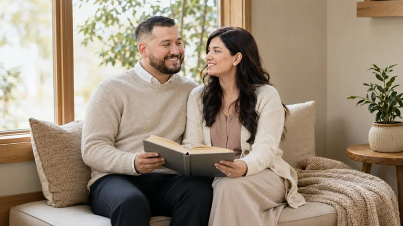 engaged couple sharing a book in a cozy room