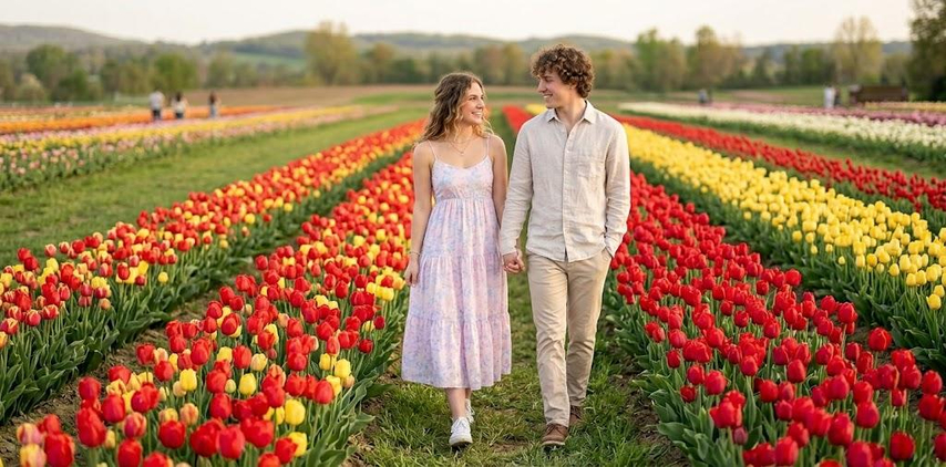 couple walking through tulip garden generated with gemini ai