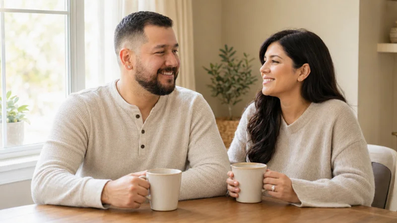 couple sharing coffee beside a bright window