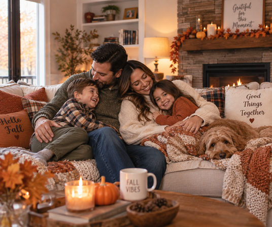 family cuddling on sofa