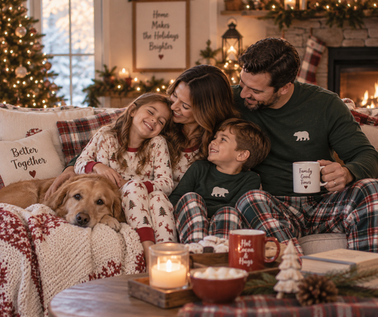 family relaxing in festive pajamas