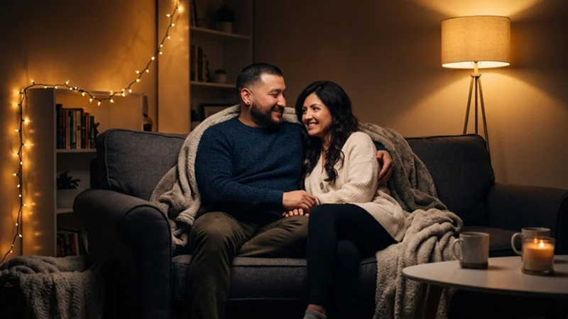 couple relaxing together under warm evening lights