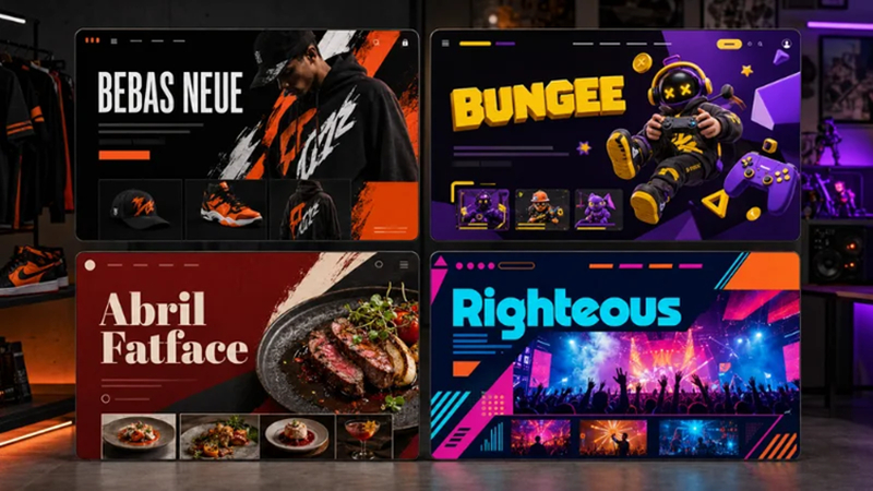 polices créatives pour les marques présentées sur des sites de streetwear, de jeux vidéo, de restauration et de musique