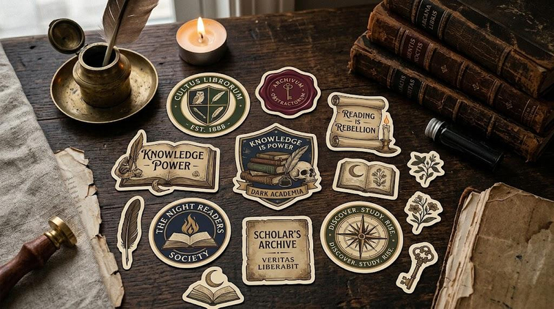 dark academia book sticker with quill pen and candle