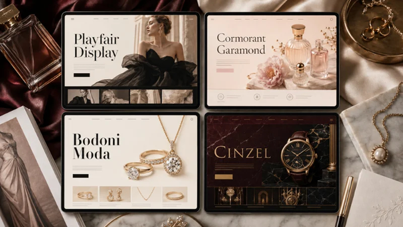 polices élégantes pour l’image de marque affichées sur des sites web de mode, de parfumerie, de joaillerie et d’horlogerie