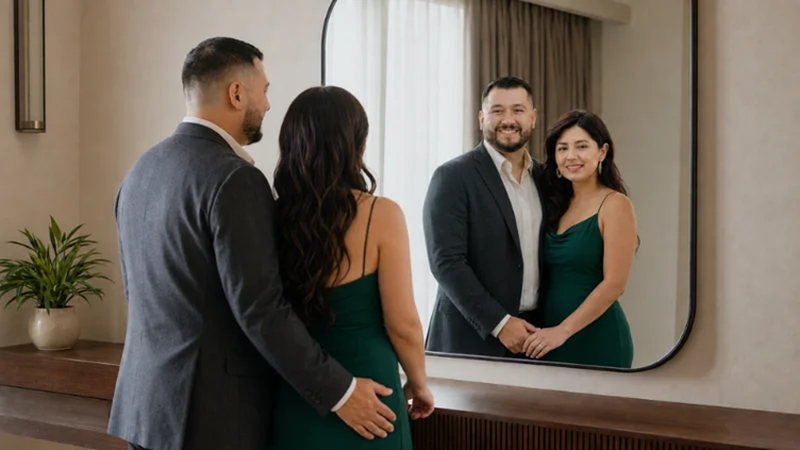 stylish couple holding hands in front of a mirror