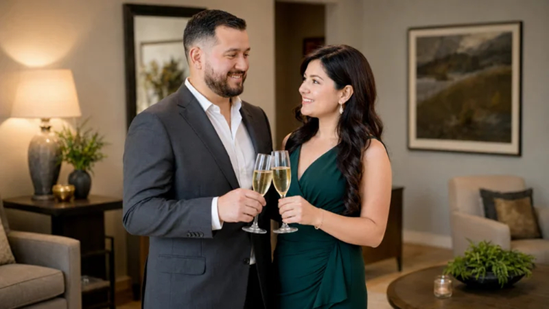 couple making a champagne toast in warm indoor light