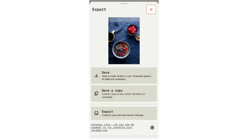 exporting an enhanced food photo from snapseed