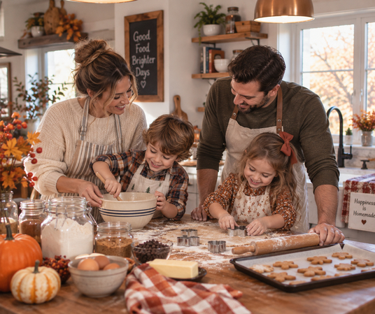 family baking together in kitchen