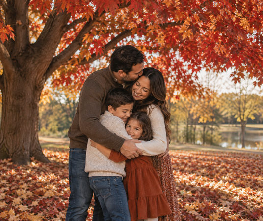 family hugging under fall trees