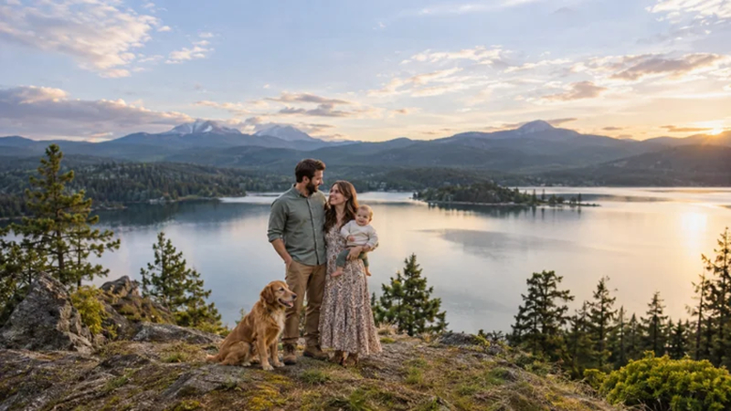 wide family portrait with a baby in a scenic outdoor landscape