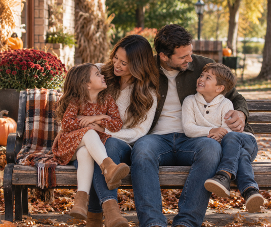 family relaxing on park bench