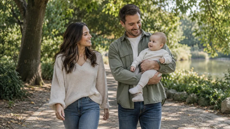 family walking together while one parent securely holds the baby