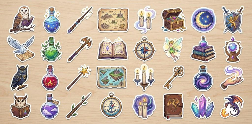 fantasy fandom book stickers with wizard hat and magic elements