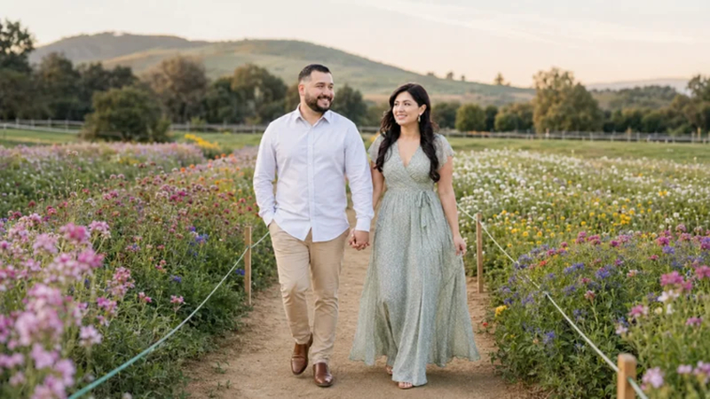 couple holding hands while walking through flowers