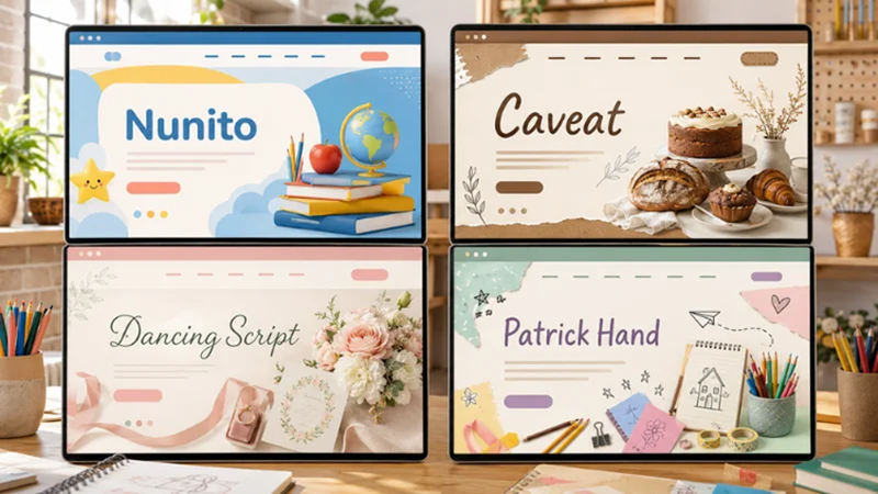 polices manuscrites conviviales affichées sur des sites web consacrés à l’éducation, à la boulangerie, aux mariages et à l’artisanat