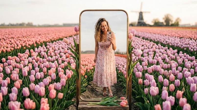 golden hour tulip garden portrait generated with gemini ai prompt