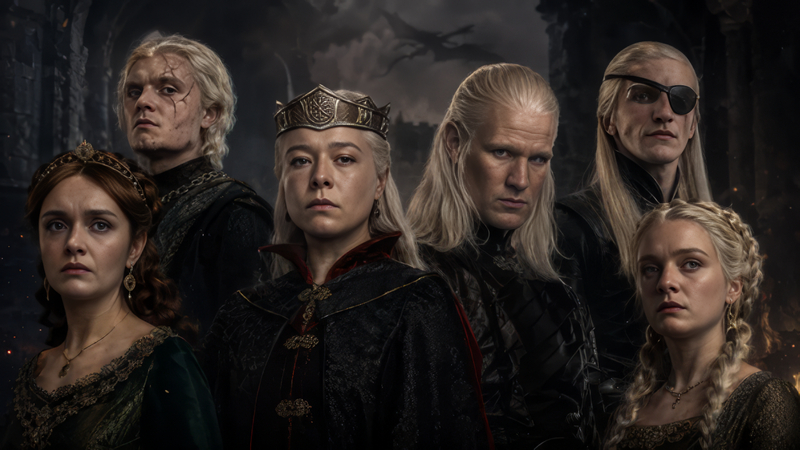 Rhaenyra Daemon Alicent Aegon Aemond and Helaena character portraits