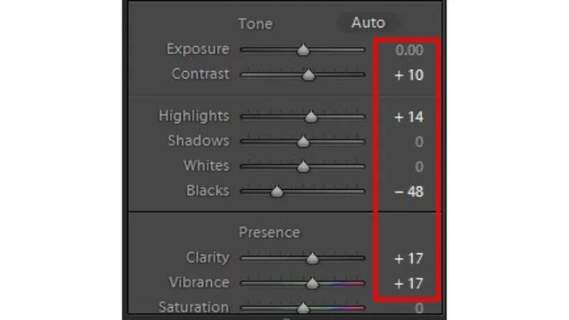 adjusting contrast highlights blacks clarity and vibrance