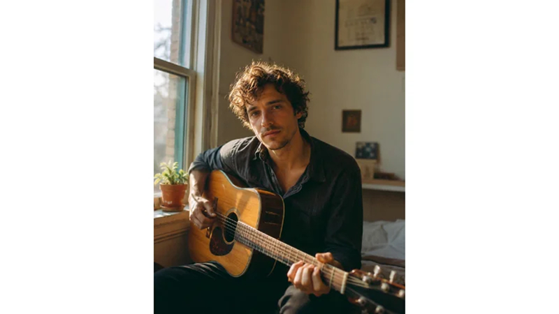 indie musician sitting by a window with acoustic guitar