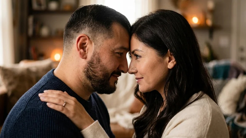 close portrait of an engaged couple touching foreheads