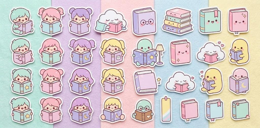 kawaii reading sticker with cute chibi character and books