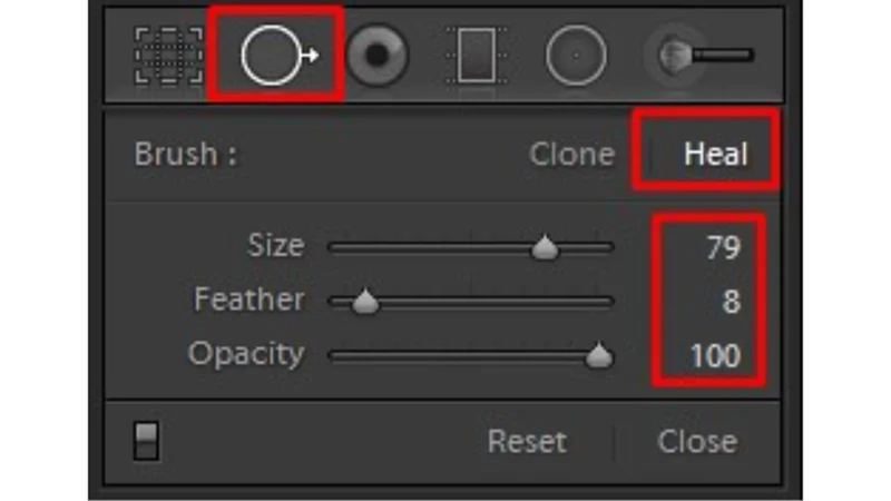 repairing faded areas with heal brush and adjustments