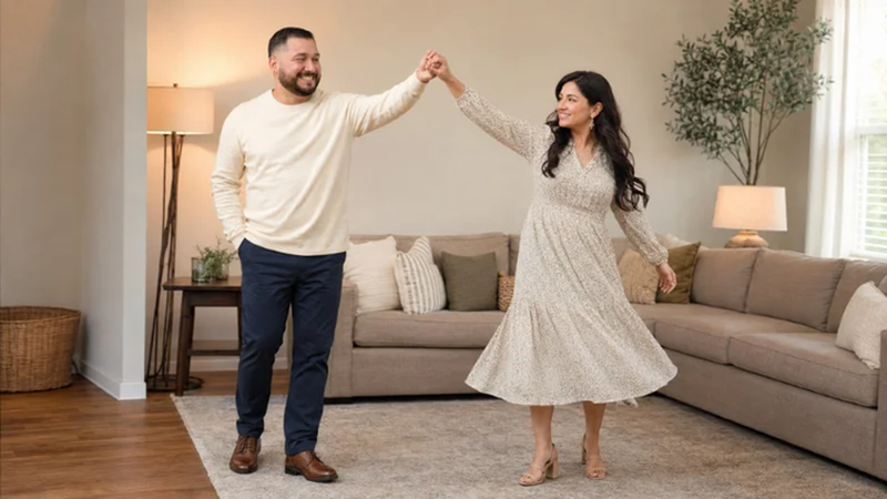couple smiling while dancing in their living room