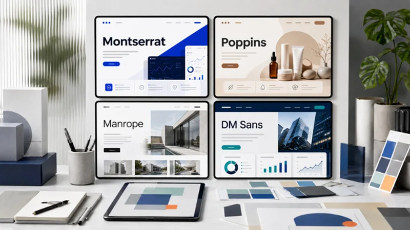 polices modernes pour l’image de marque présentées sur des sites web consacrés à la technologie, au bien-être, à l’architecture et à la finance