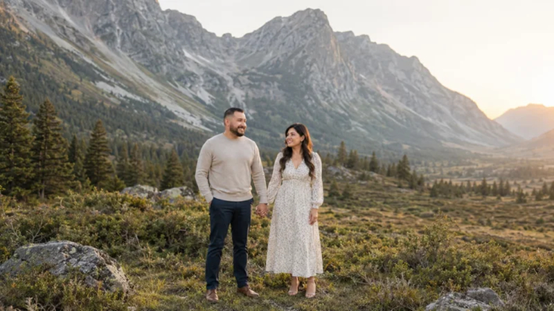 couple standing together in a scenic mountain valley