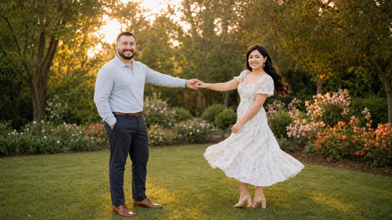 engaged couple dancing together in warm outdoor light