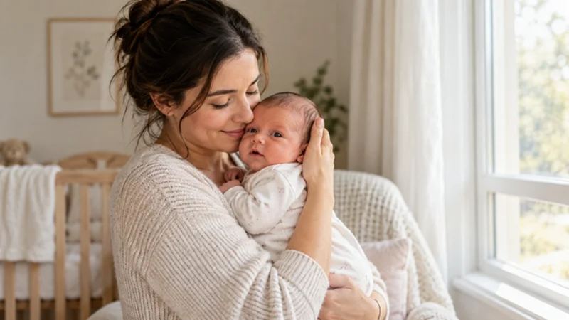 parent holding a newborn baby beside a bright window