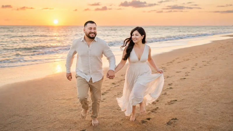 happy couple running together beside the ocean