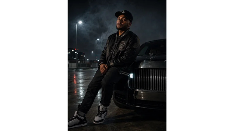 rapper street photoshoot with city lights background