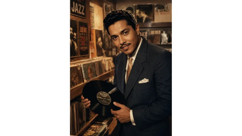 retro musician holding vinyl record in record store