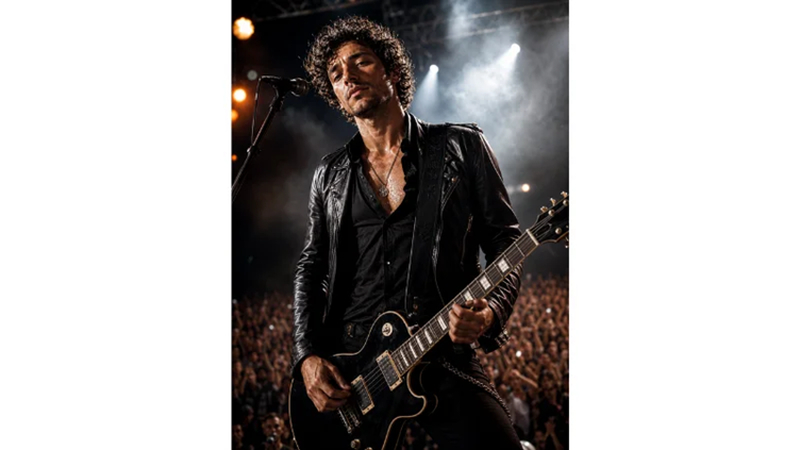 rock musician holding electric guitar in dark studio